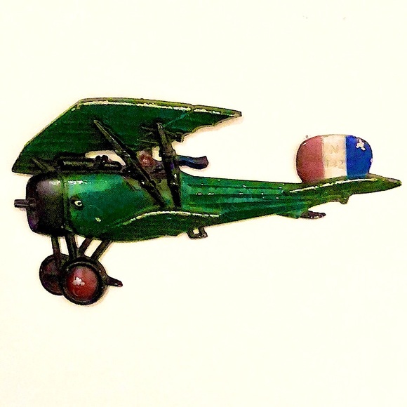 VINTAGE 1970’s Metal Airplane Wall Art Green Biplane with French Flag - Picture 3 of 15